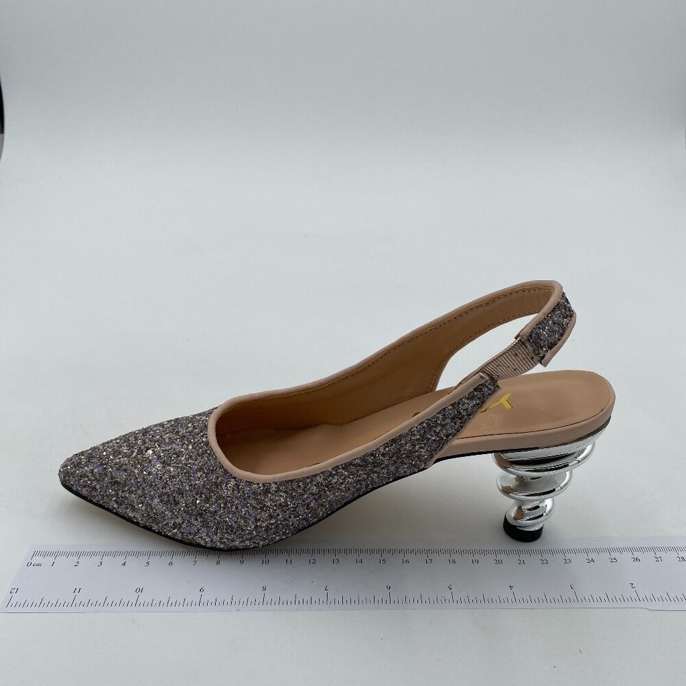YDN Glitter Slingback Heels in Silver and Beige